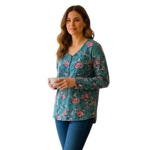Vera Bradley Floral V-Neck Warm Sleep Shirt XL - Teal and Pink
